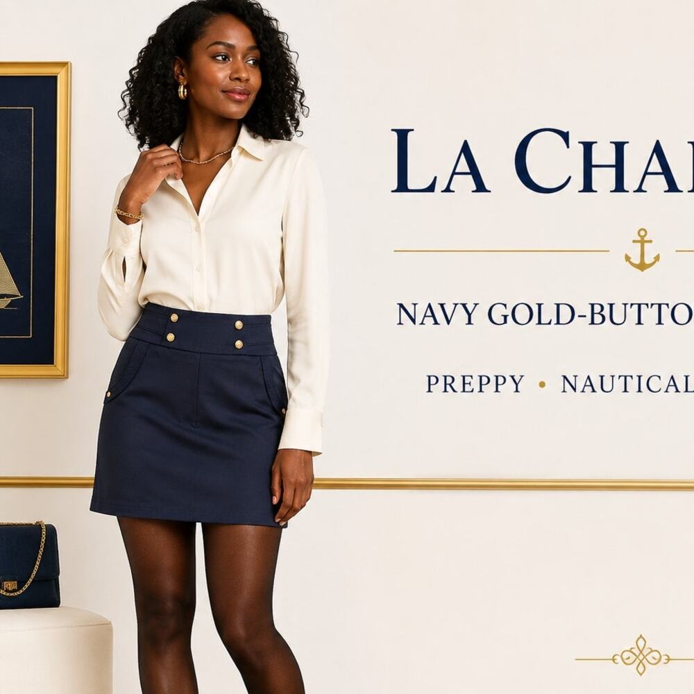 La Chapelle Navy Skirt with gold buttons Medium